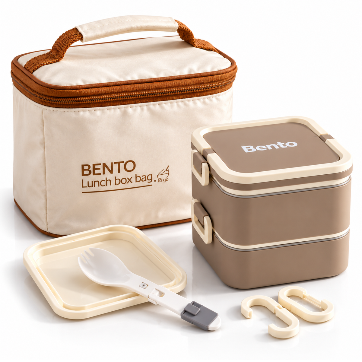 Caserola Termica Bento 2 Compartimente cu Insertii din Inox SUS304, Geanta Termoizolanta Inclusa, 12.5 x 12.5 x 14 cm, Maro