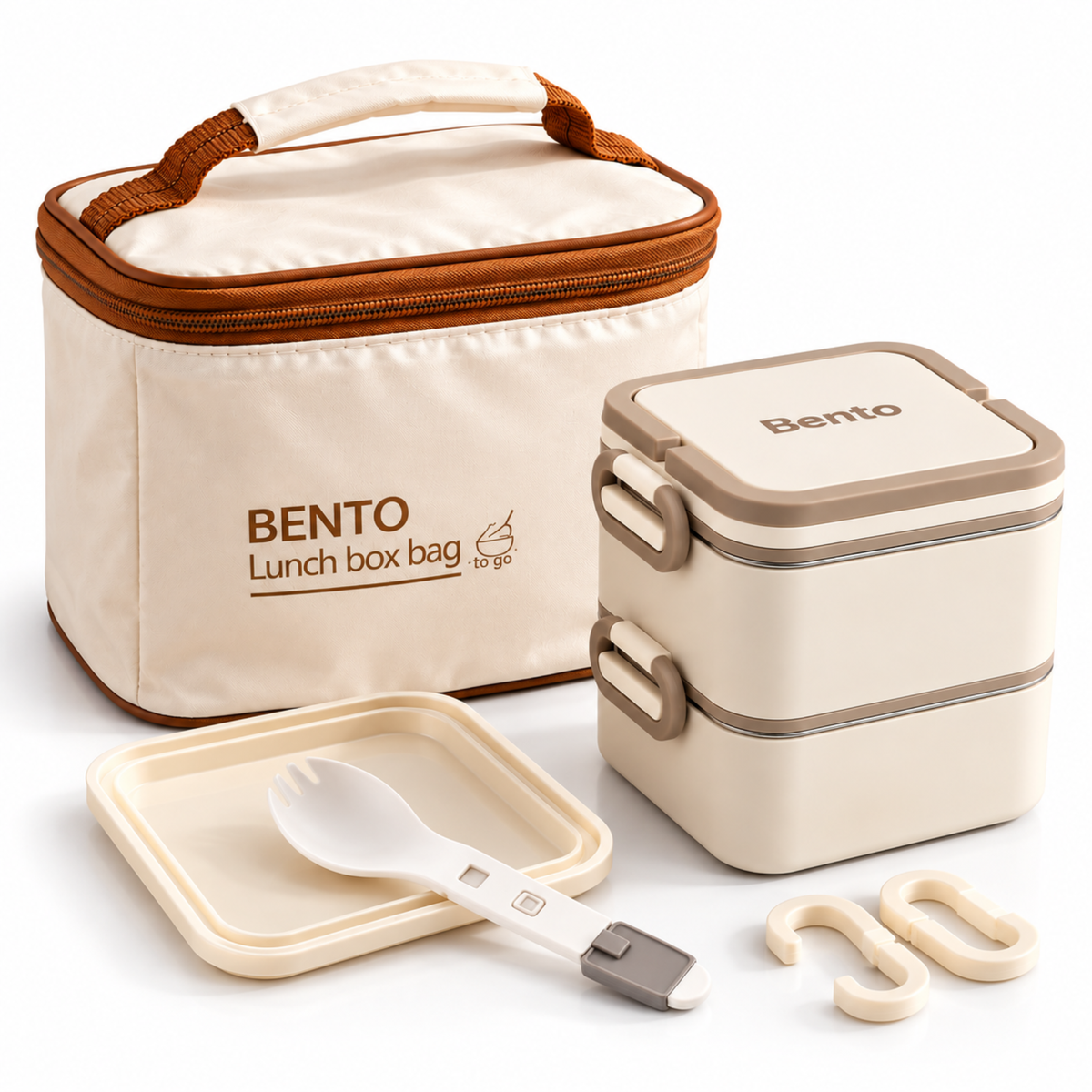 Caserola Termica Bento 2 Compartimente cu Insertii din Inox SUS304, Geanta Termoizolanta Inclusa, 12.5 x 12.5 x 14 cm, Crem-Bej