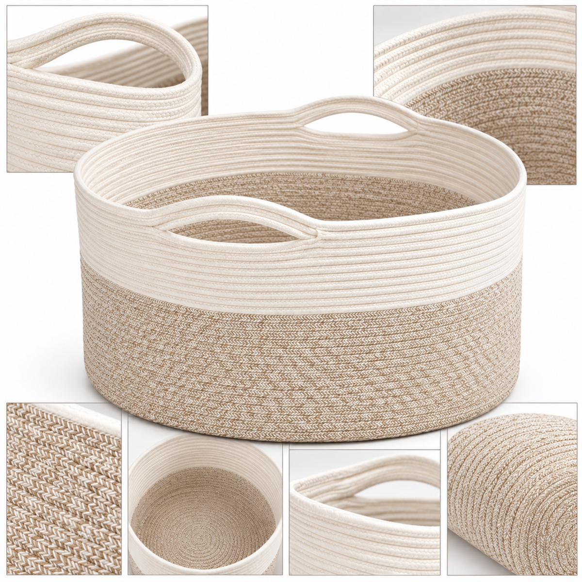 Cos XXXL pentru Rufe si Depozitare, 90 L, 56 x 32 cm, Manere, pentru Haine, Jucarii si Paturi, Alb/Bej Deschis