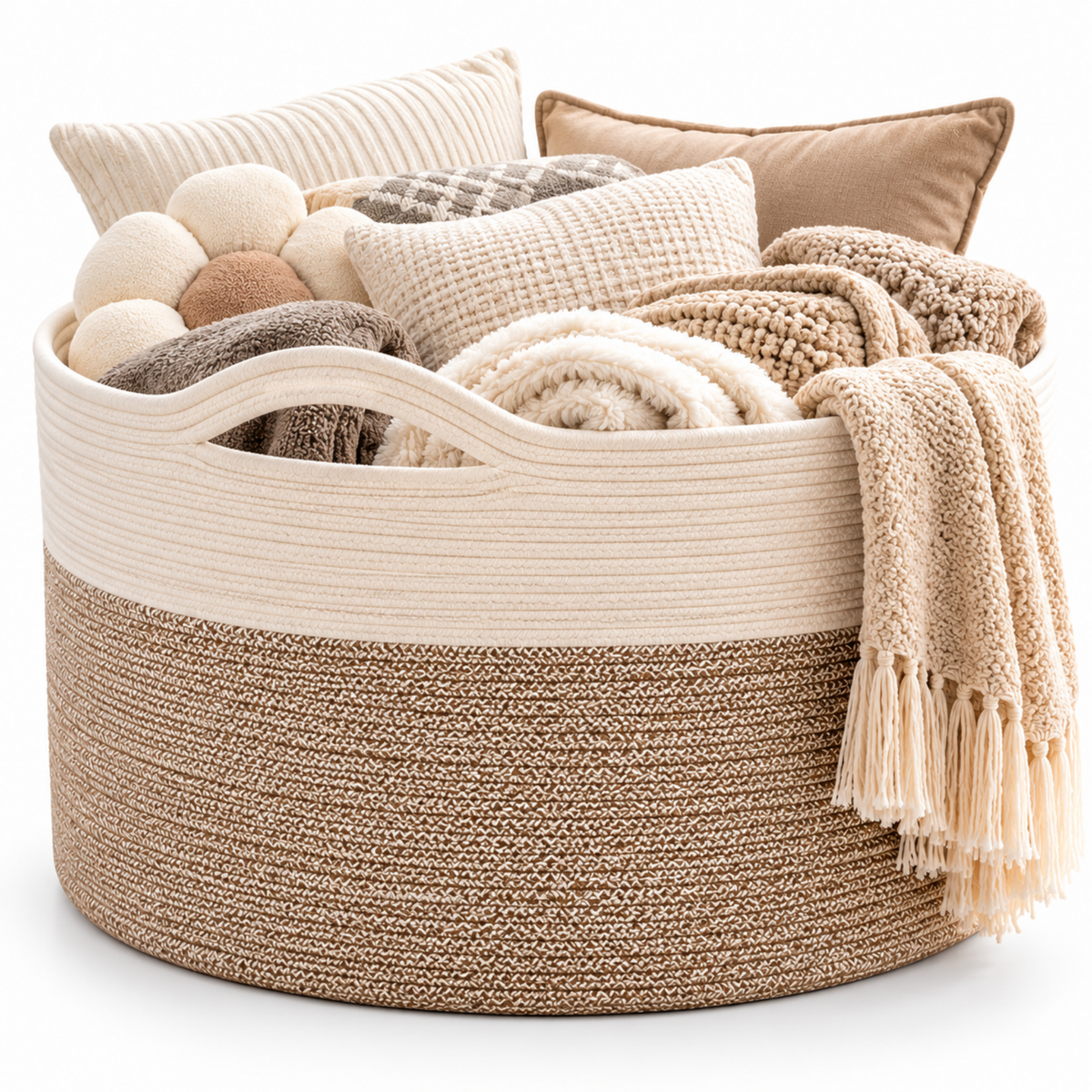 Cos XXXL pentru Rufe si Depozitare, 90 L, 56 x 32 cm, Manere, pentru Haine, Jucarii si Paturi, Alb/Bej Deschis