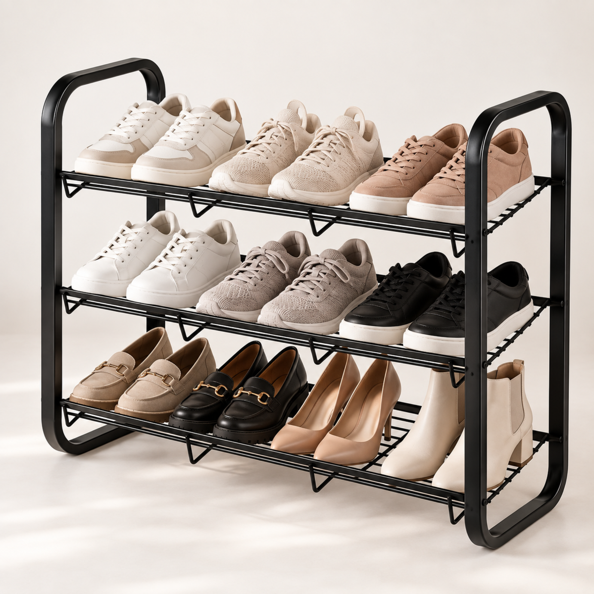 Raft incaltaminte metalic 3 niveluri, organizator pantofi, 75x28x59 cm, Negru, Calitate Premium