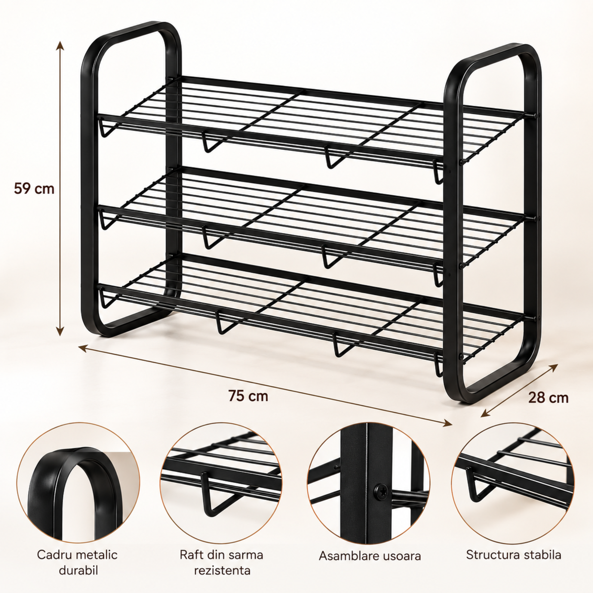 Raft incaltaminte metalic 3 niveluri, organizator pantofi, 75x28x59 cm, Negru, Calitate Premium