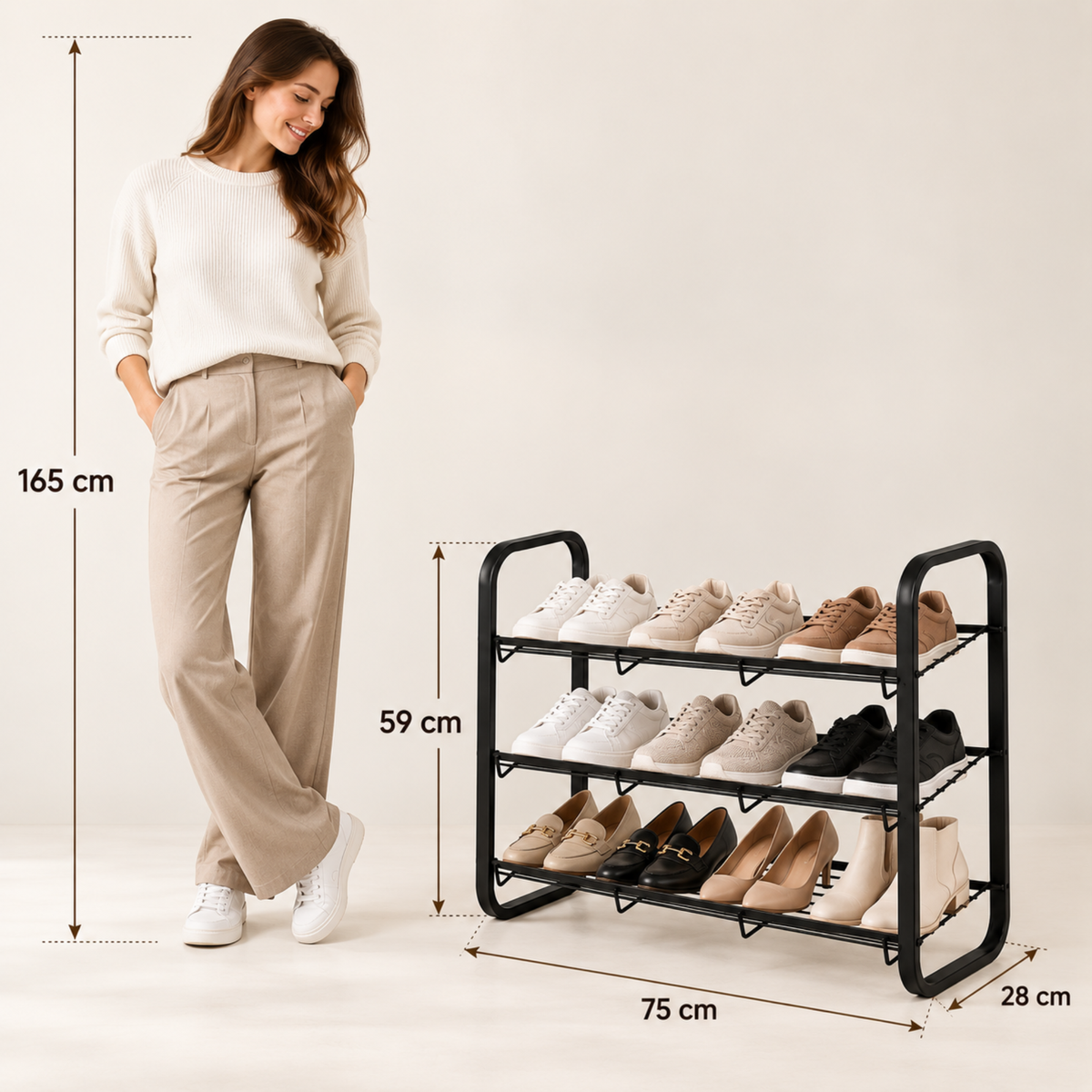 Raft incaltaminte metalic 3 niveluri, organizator pantofi, 75x28x59 cm, Negru, Calitate Premium