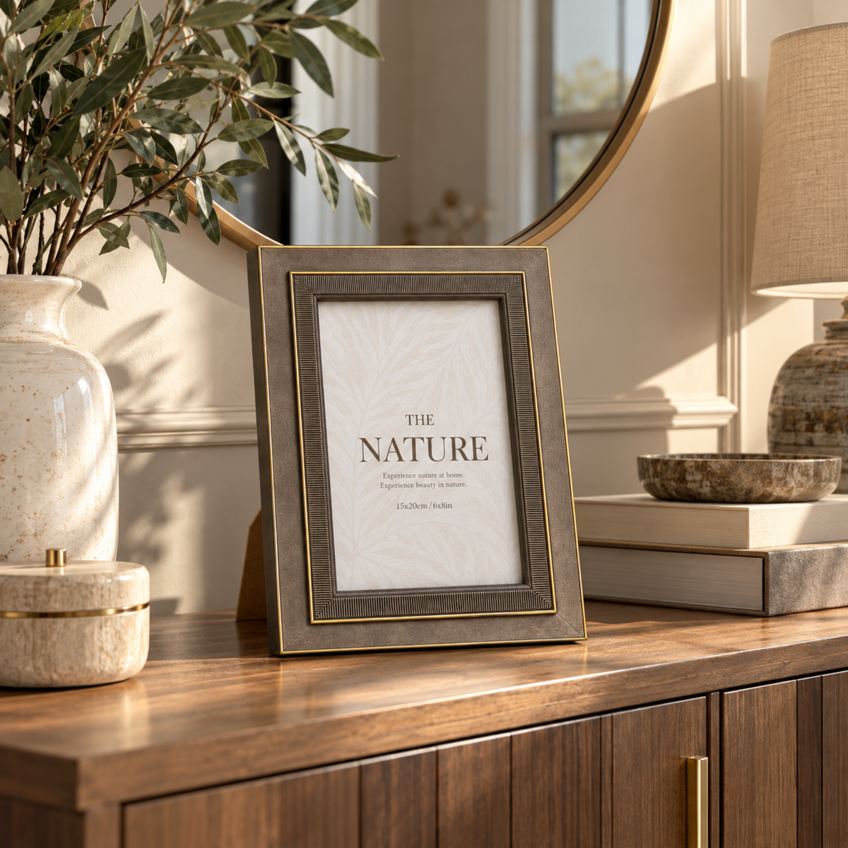 Rama foto decorativa premium design elegant cu detalii aurii, Maro Taupe