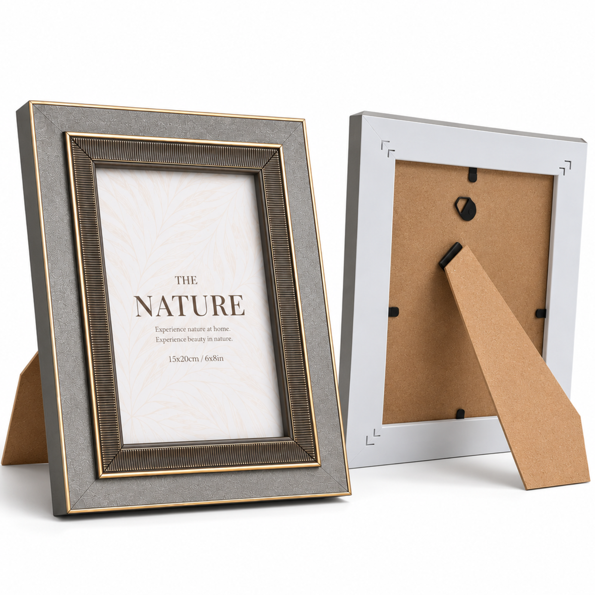 Rama foto decorativa premium, de masa, design elegant cu detalii aurii, Gri
