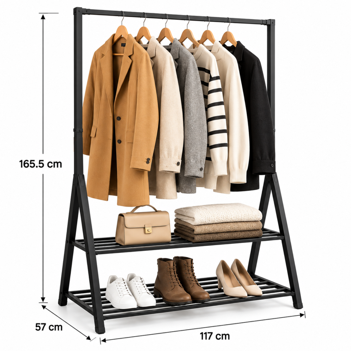 Suport pentru haine Tip A – Cadru metalic premium cu 2 rafturi pentru depozitare 117 × 57 × 165.5 cm - Negru