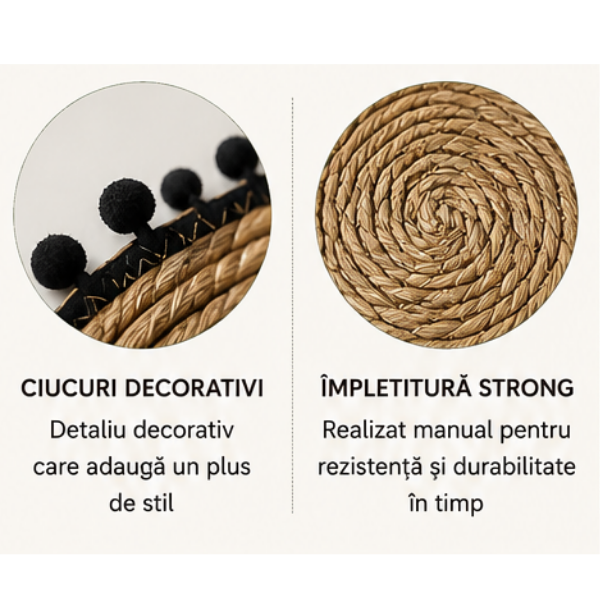Set 4 Servete de Masa Boho Rotunde, Fiber Naturale cu Detalii Negre si Ciucuri - 38 cm