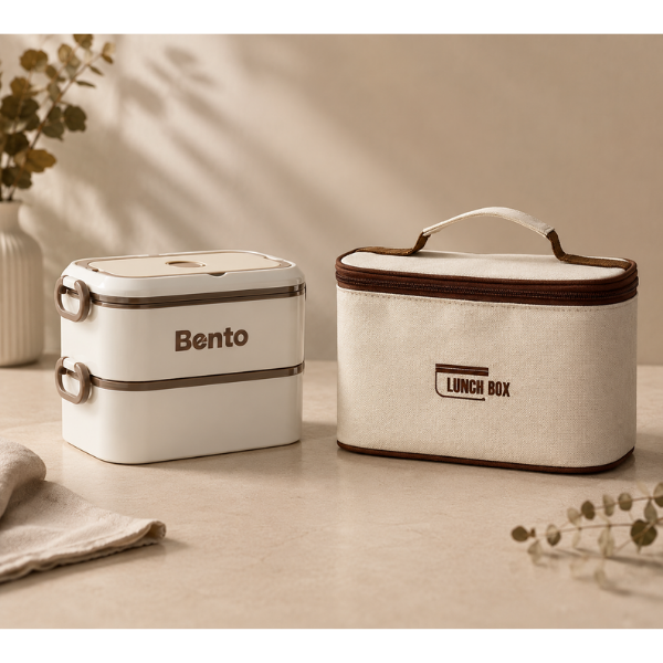 Cutie Lunch Box Bento din inox, cu geanta termoizolanta si tacamuri - Bej