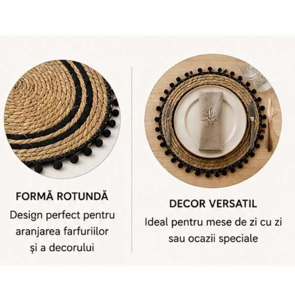 Set 4 Servete de Masa Boho Rotunde, Fiber Naturale cu Detalii Negre si Ciucuri - 38 cm
