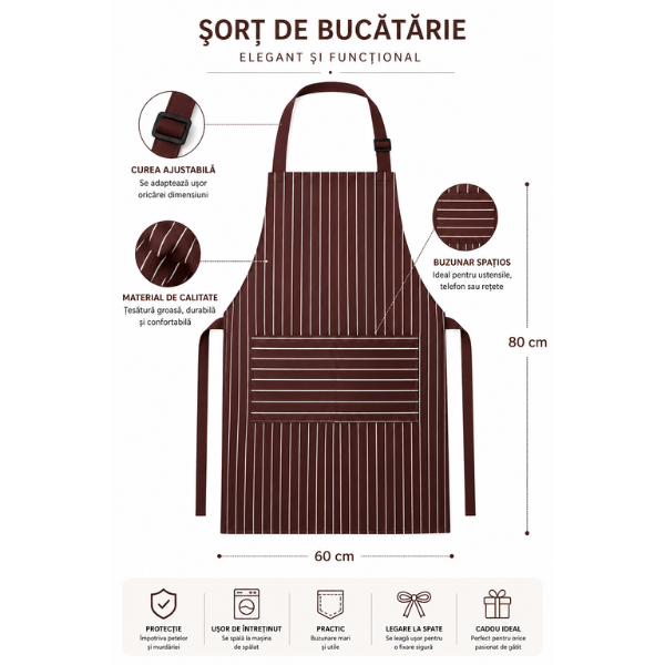 Sort bucatarie ajustabil textil cu dungi, Unisex - 80 x 60 cm