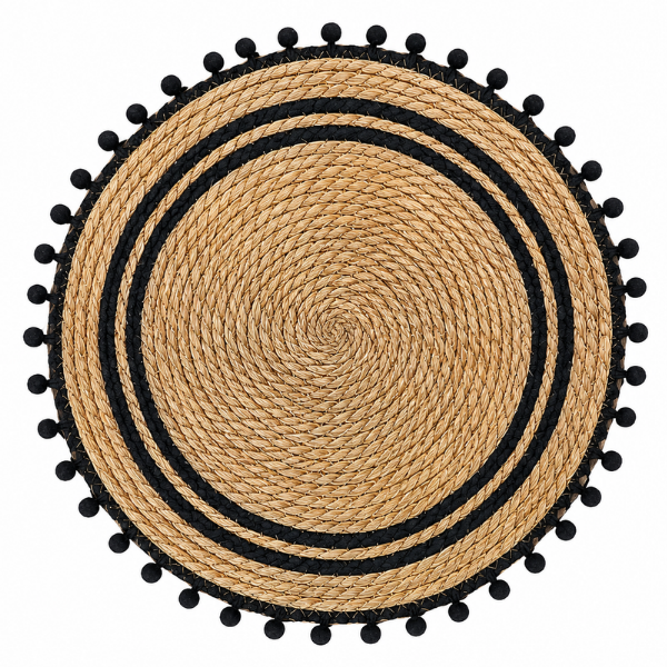 Set 4 Servete de Masa Boho Rotunde, Fiber Naturale cu Detalii Negre si Ciucuri - 38 cm