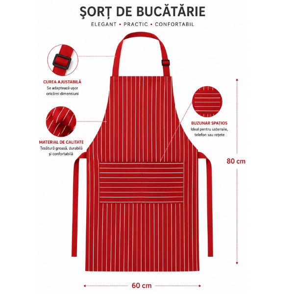 Sort bucatarie ajustabil textil cu dungi, Unisex - 80 x 60 cm