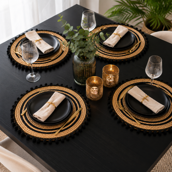 Set 4 Servete de Masa Boho Rotunde, Fiber Naturale cu Detalii Negre si Ciucuri - 38 cm