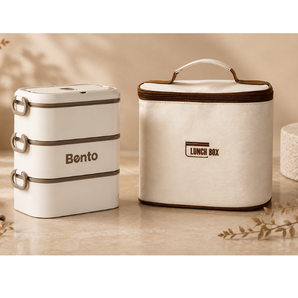 Cutie Lunch Box Bento din inox, cu geanta termoizolanta si tacamuri - Bej