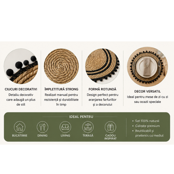 Set 4 Servete de Masa Boho Rotunde, Fiber Naturale cu Detalii Negre si Ciucuri - 38 cm