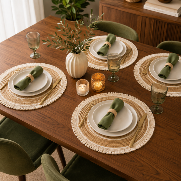 Set 4 Servete Decorative pentru Masa, Rotunde, Stil Scandinav – Boho, Natur cu Franjuri - 38 cm