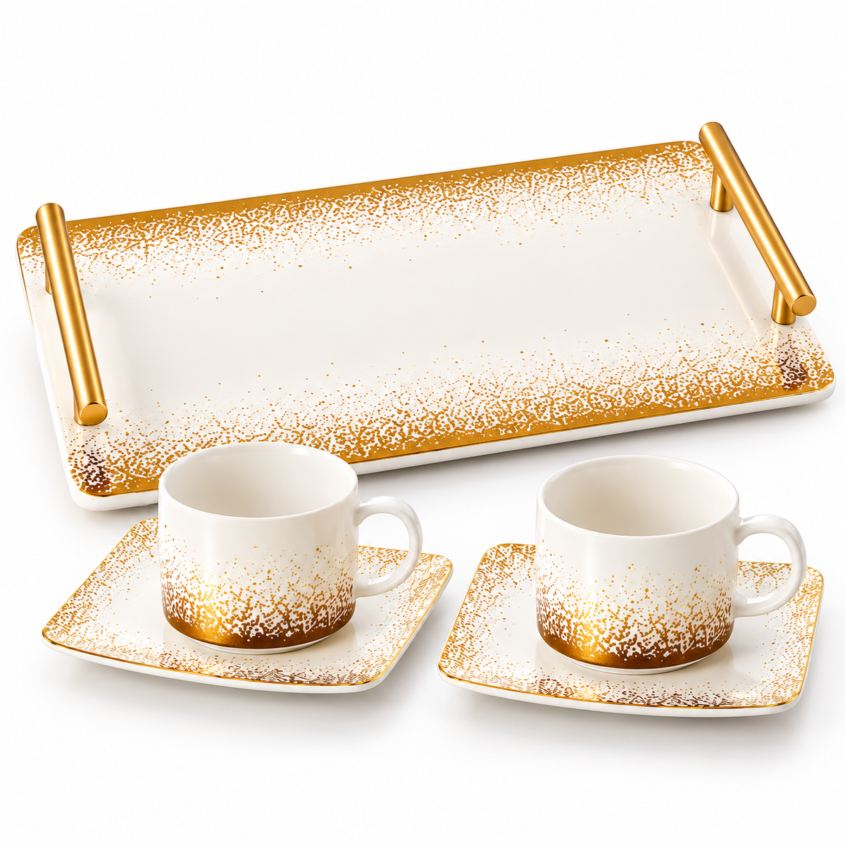 Set Cadou Snowing Collection – Tava de Servire din Portelan cu Manere Aurii, 35,5 cm + 2 Cesti cu Farfurioare, 180 ml
