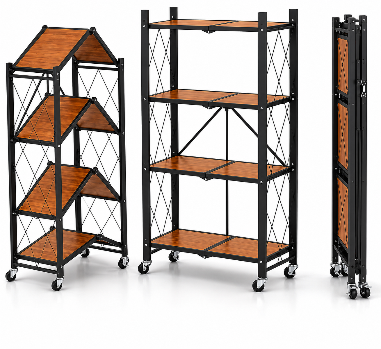 Raft Metalic Pliabil cu 4 Polite si Roti, Design Industrial Premium, 127,5 x 71,5 x 34 cm