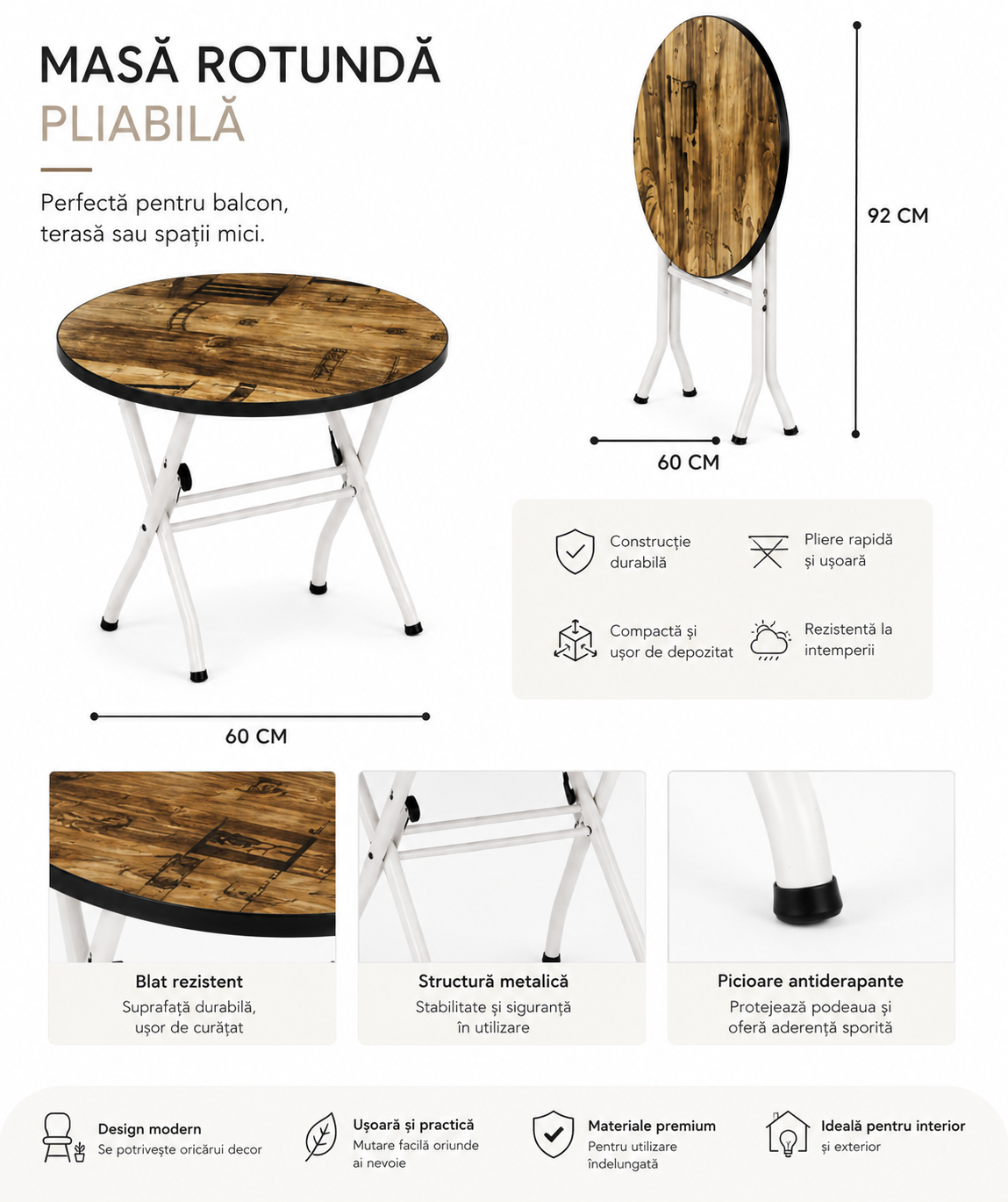 Masa Pliabila Rotunda, Blat Design Vintage, Picioare Metalice Albe
