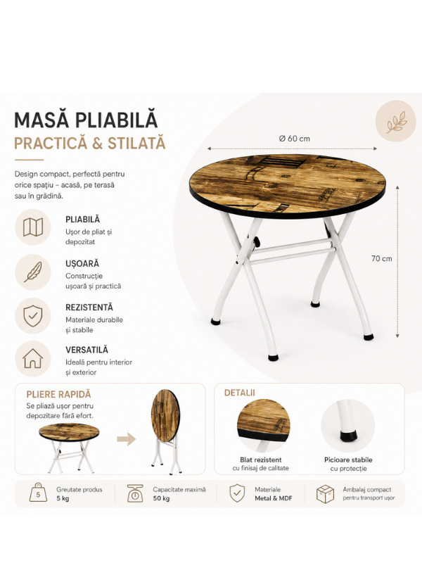 Masa Pliabila Rotunda, Blat Design Vintage, Picioare Metalice Albe